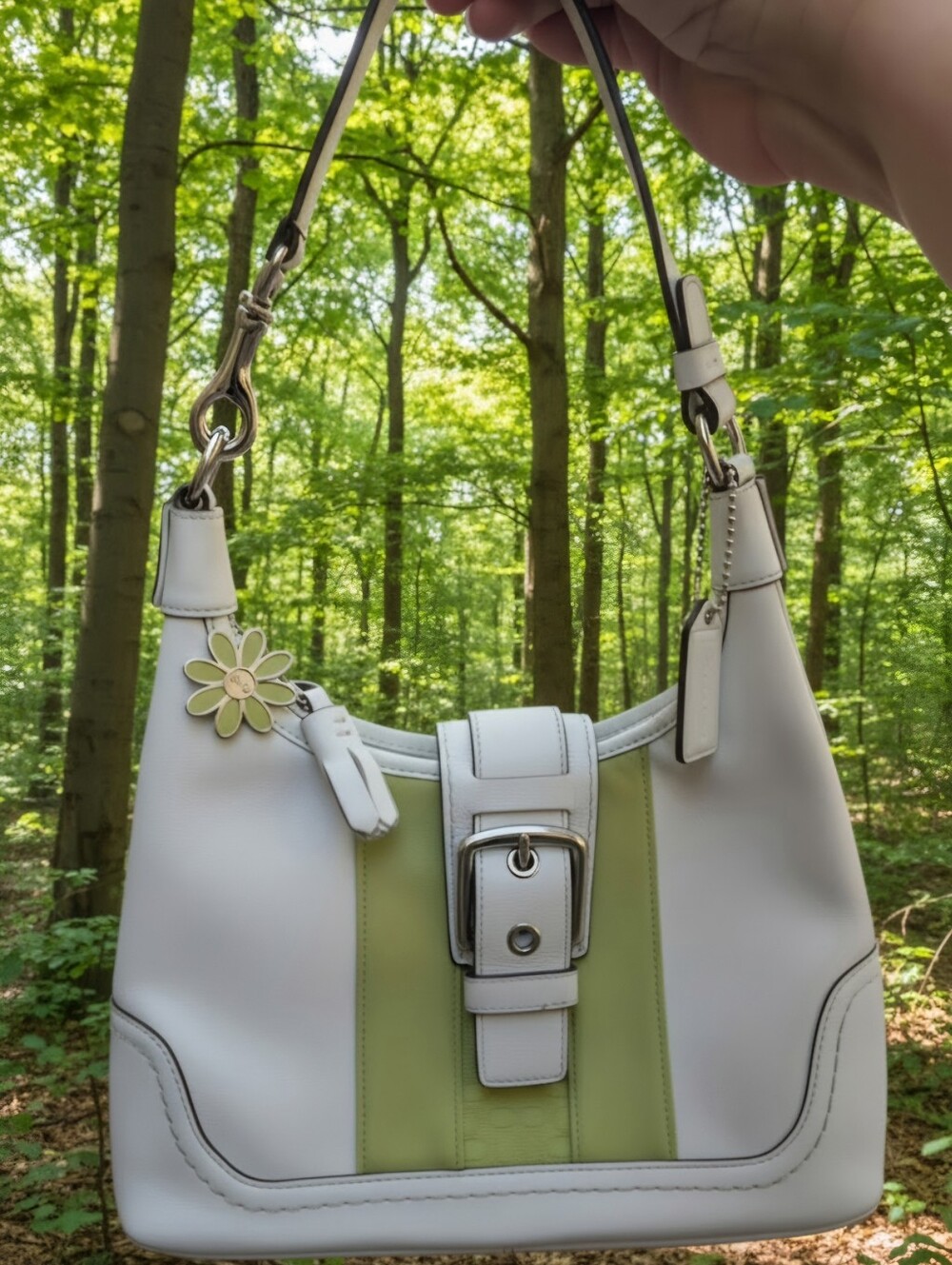 Coach Y2K Hampton Legacy Vintage White & Lime Green Leather Hobo  2007 #11344